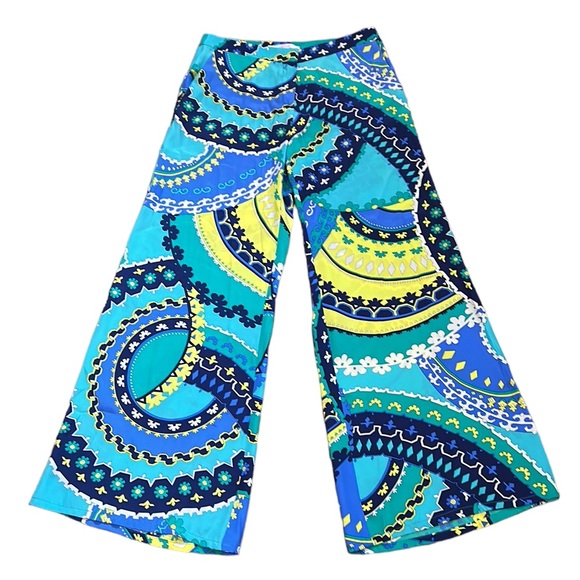 Alice & Trixie Silk Turquoise Blue Yellow Geometric Print Wide Leg Flare Pants S - Picture 9 of 9